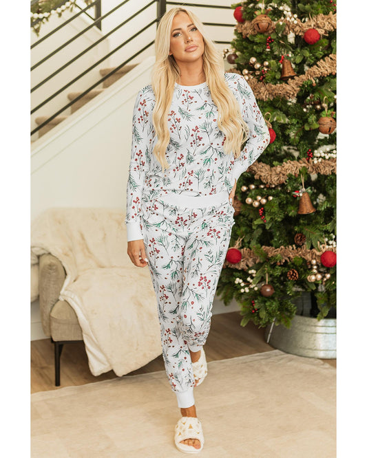 White Holly Print Thermal Pullover Pants Lounge Set - L