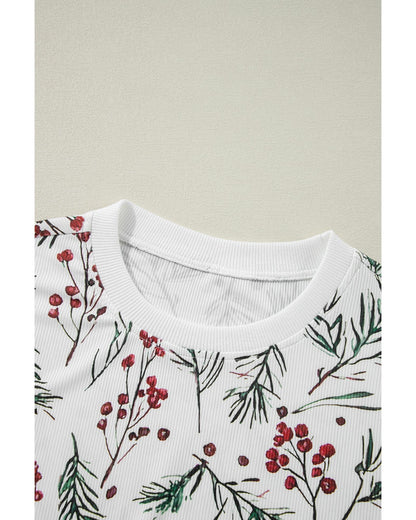 White Holly Print Thermal Pullover Pants Lounge Set - M