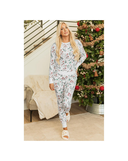 White Holly Print Thermal Pullover Pants Lounge Set - XL