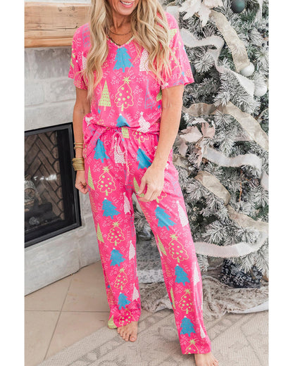 Rose Christmas Tree Print V Neck Tee and Pants Lounge Set - L