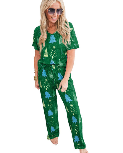 Green Christmas Tree Print V Neck Tee and Pants Lounge Set - L