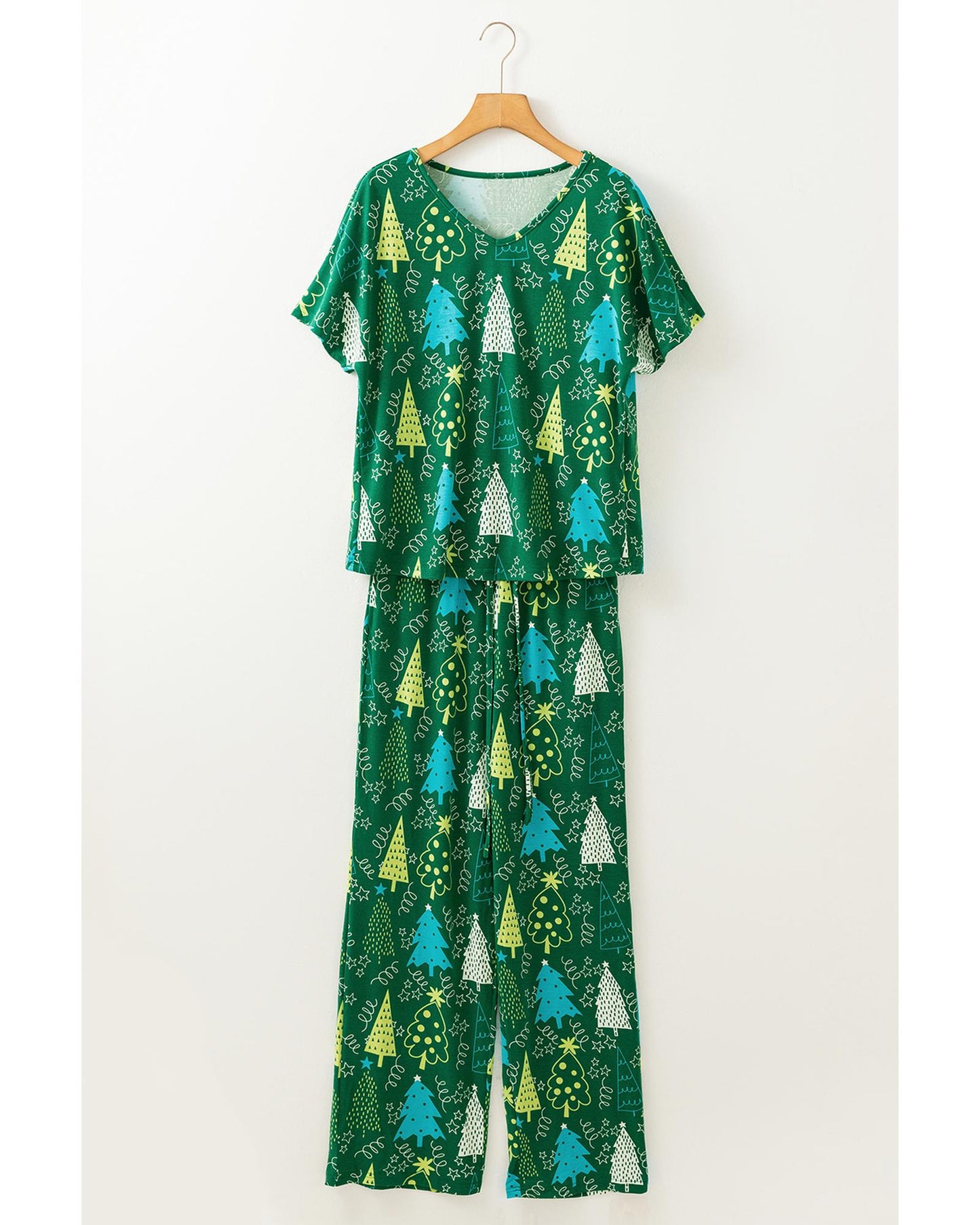 Green Christmas Tree Print V Neck Tee and Pants Lounge Set - S