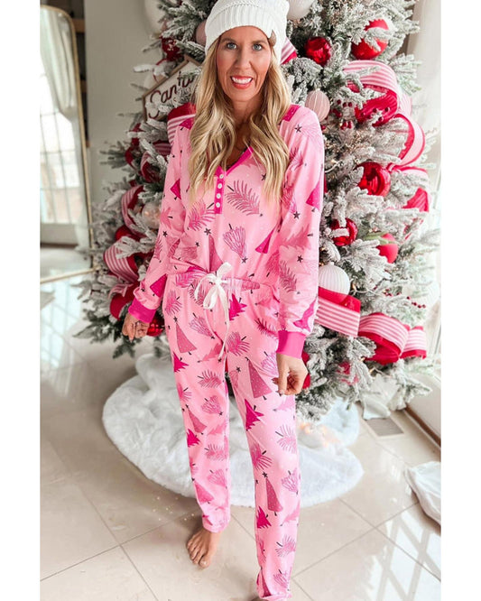 Pink Christmas Tree Print V Neck Buttoned Pullover and Drawstring Pants Lounge Set - L