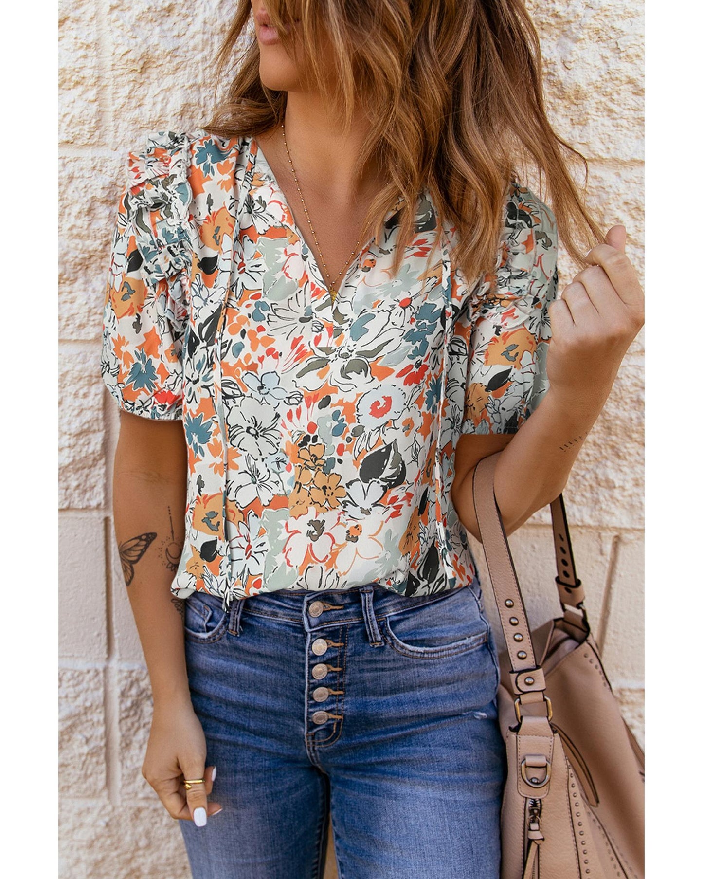 Azura Exchange Multicolor Split V Neck Flower Print Blouse - L