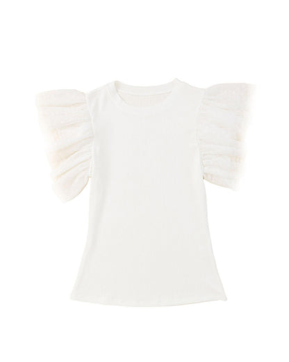 Azura Exchange Dotty Mesh Ruffle Sleeve Ribbed Knit Top - XL