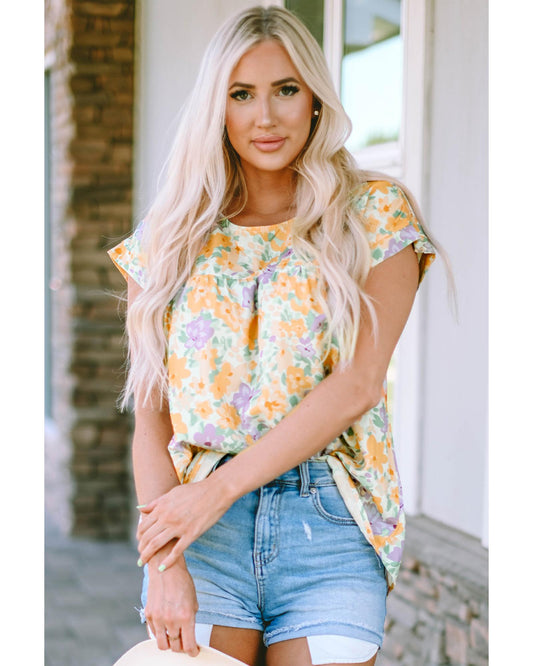 Azura Exchange Print Keyhole Back Short Sleeve Babydoll Blouse - L