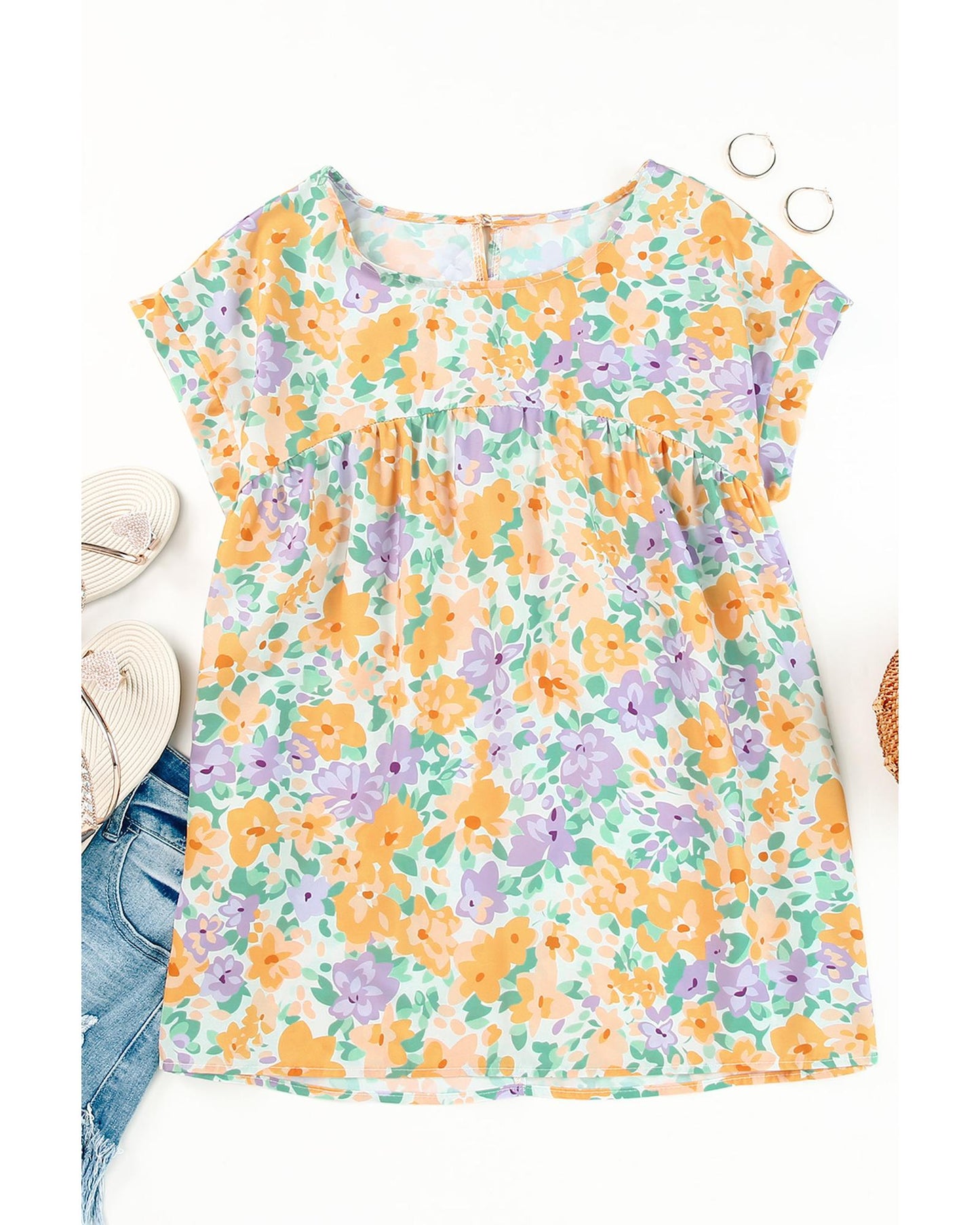 Azura Exchange Print Keyhole Back Short Sleeve Babydoll Blouse - XL