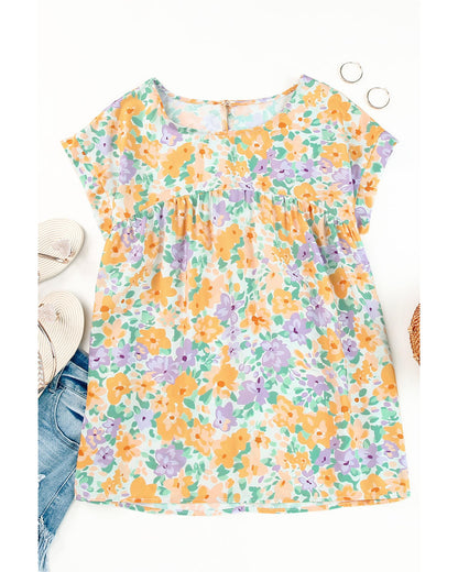 Azura Exchange Print Keyhole Back Short Sleeve Babydoll Blouse - XL