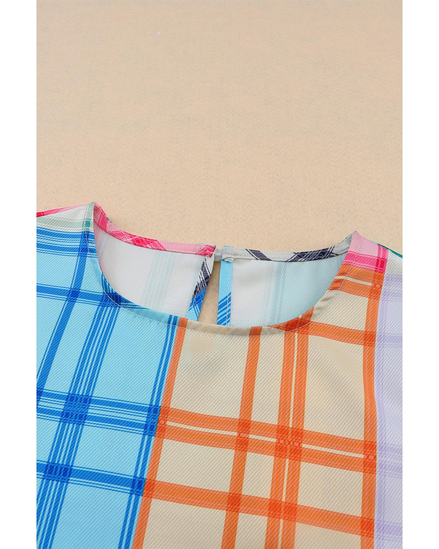 Azura Exchange Bold Plaid Color Block Puff Sleeve Peplum Top - L