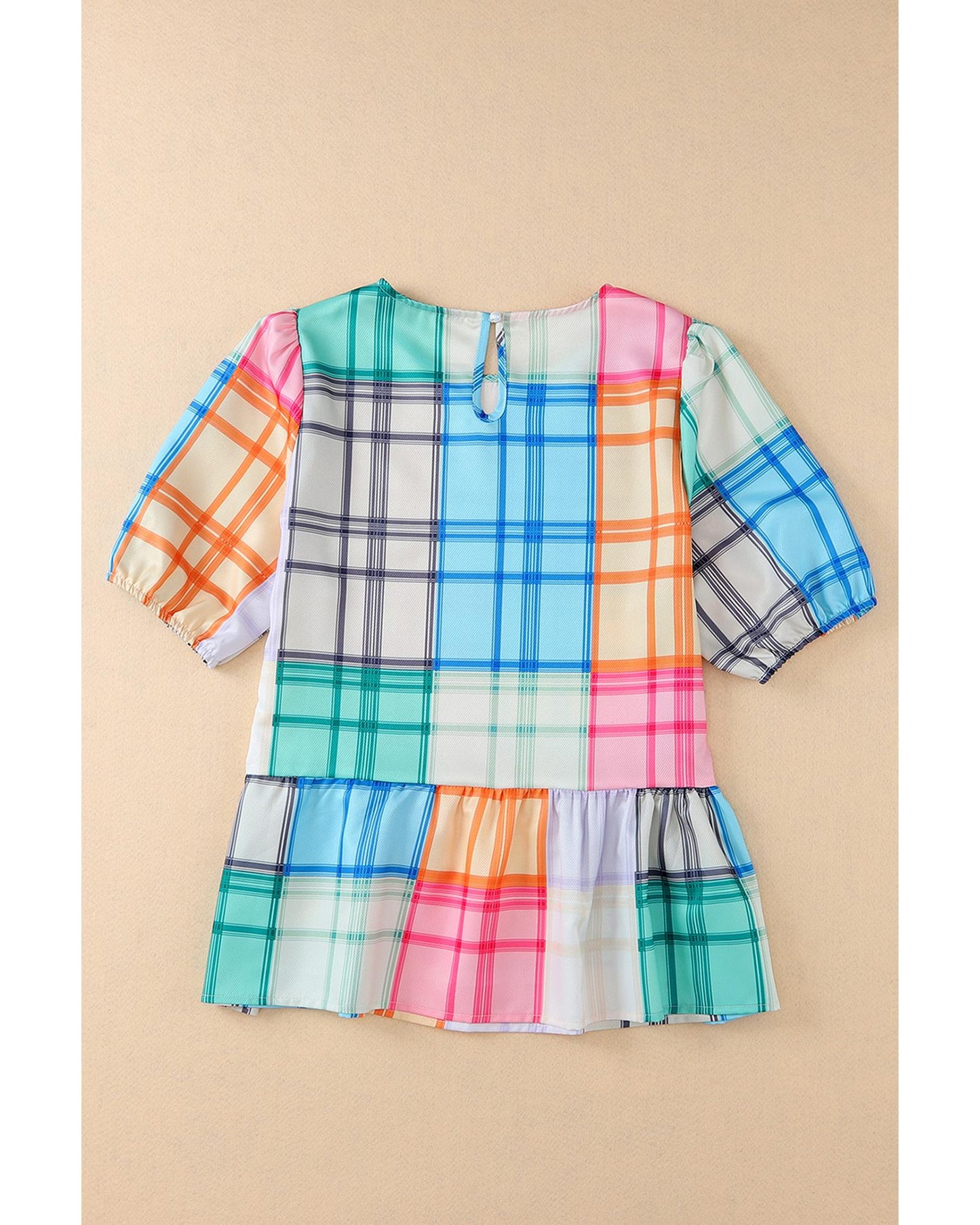 Azura Exchange Bold Plaid Color Block Puff Sleeve Peplum Top - L