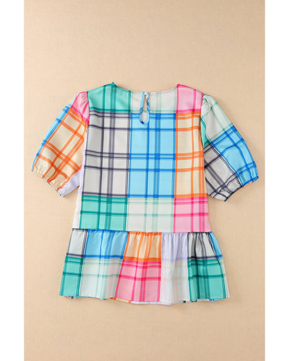 Azura Exchange Bold Plaid Color Block Puff Sleeve Peplum Top - L