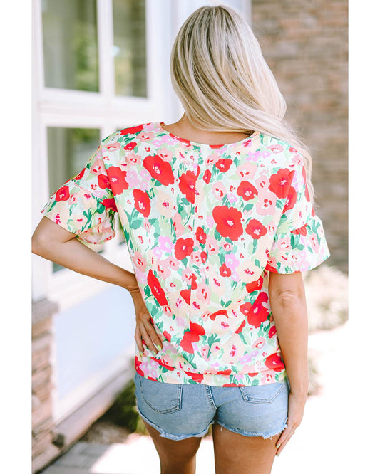 Azura Exchange Ruffled V Neck Floral Print Blouse - M