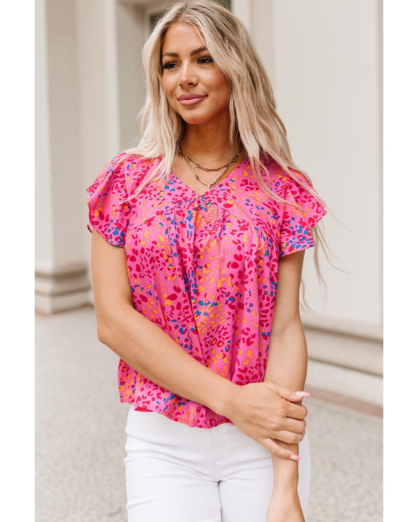 Azura Exchange Leopard Print Flutter Sleeve Blouse - L