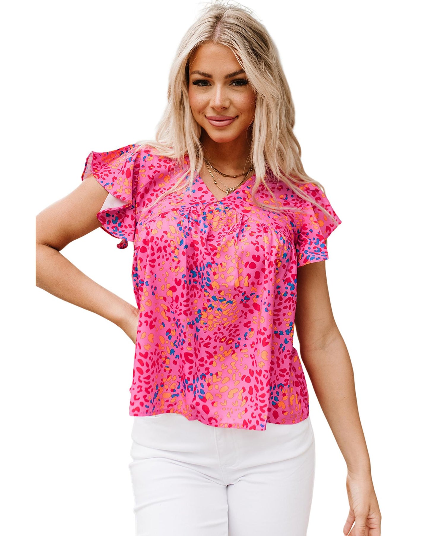 Azura Exchange Leopard Print Flutter Sleeve Blouse - L