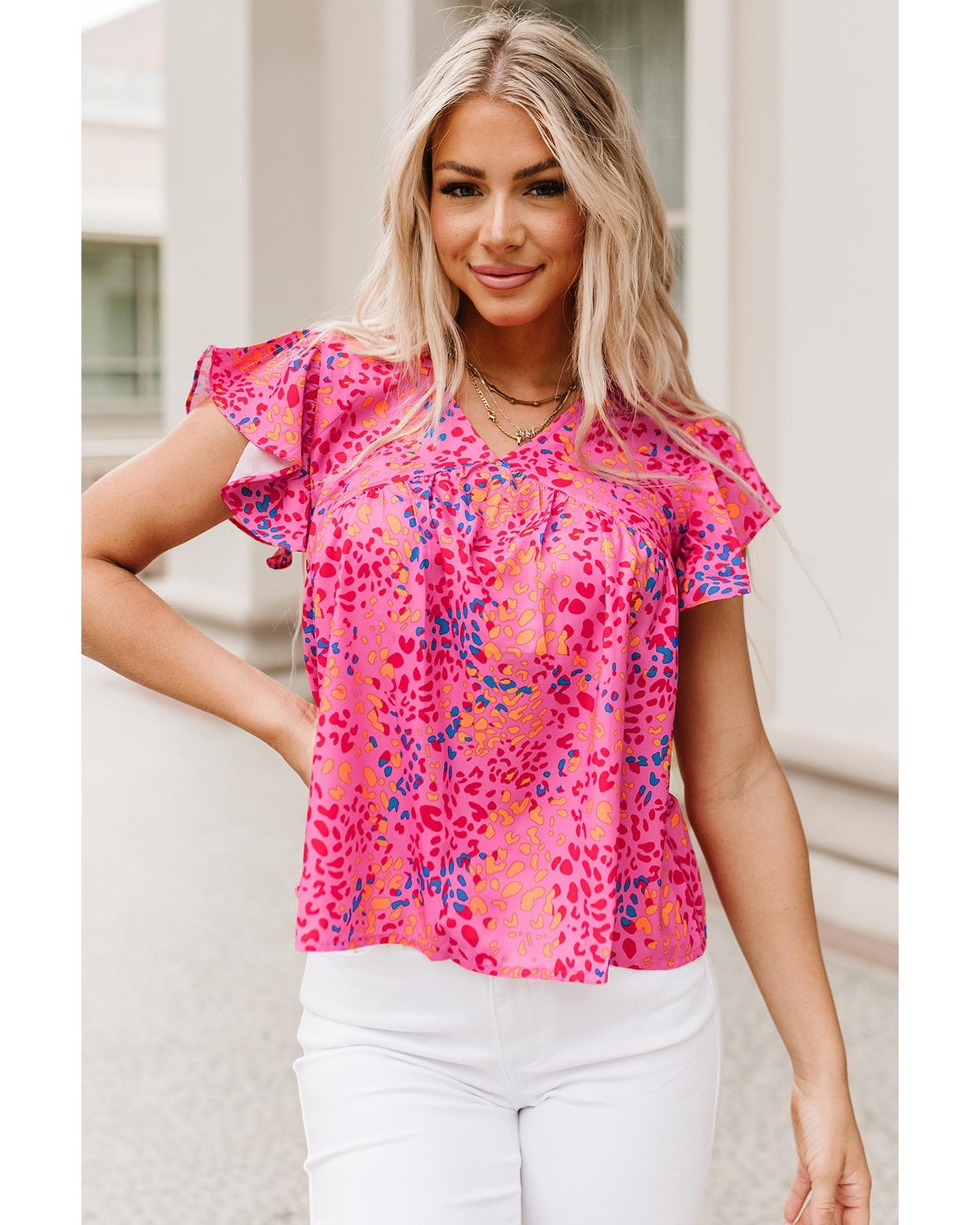 Azura Exchange Leopard Print Flutter Sleeve Blouse - M