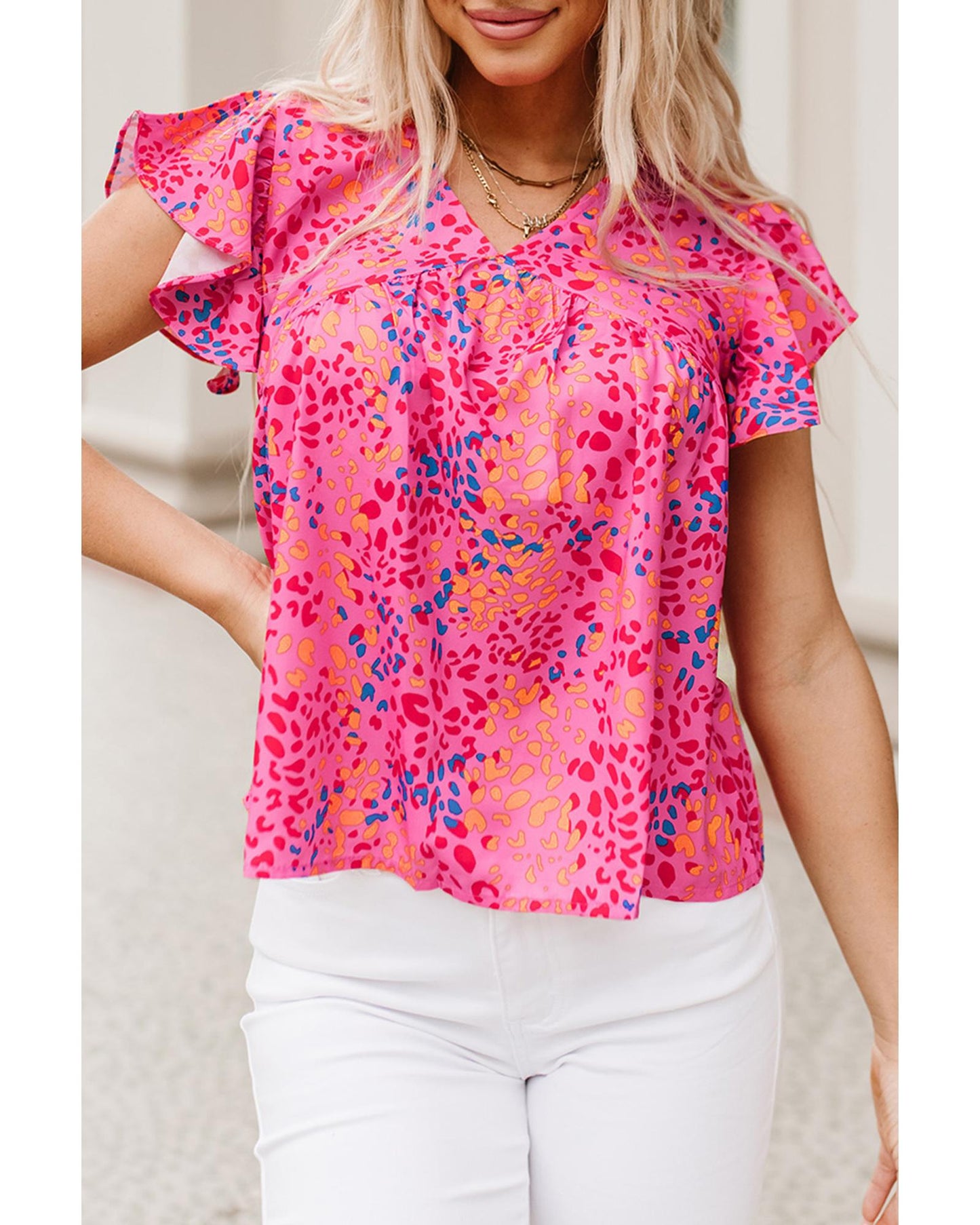 Azura Exchange Leopard Print Flutter Sleeve Blouse - M