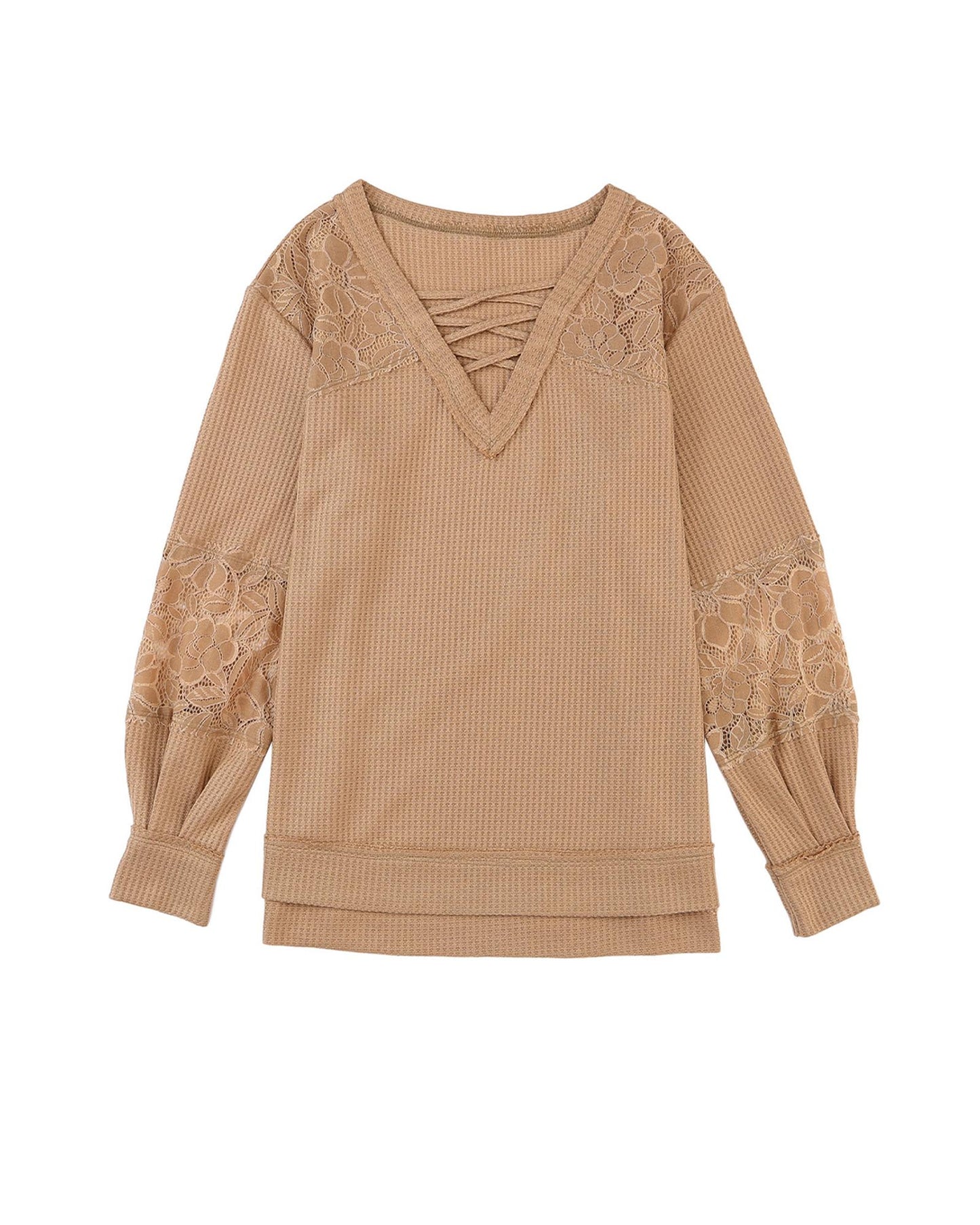 Azura Exchange Lace Waffle Patchwork Strappy V Neck Long Sleeve Top - M