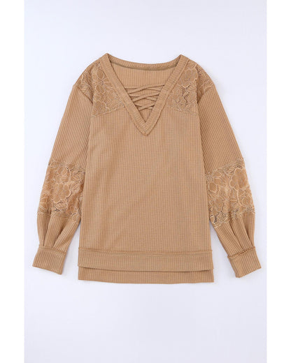 Azura Exchange Lace Waffle Patchwork Strappy V Neck Long Sleeve Top - M
