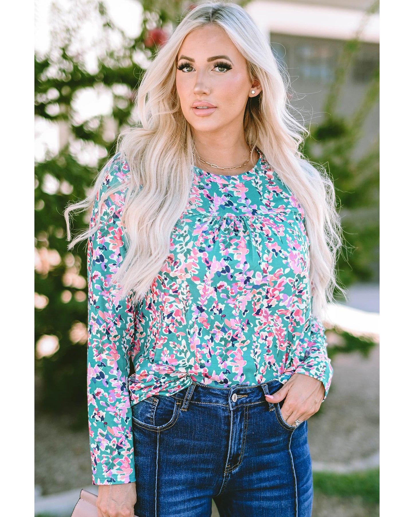 Azura Exchange Elegant Floral Print Long Sleeve Blouse - S