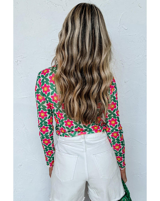 Azura Exchange Retro Floral Print Stretchy Long Sleeve Top - XL