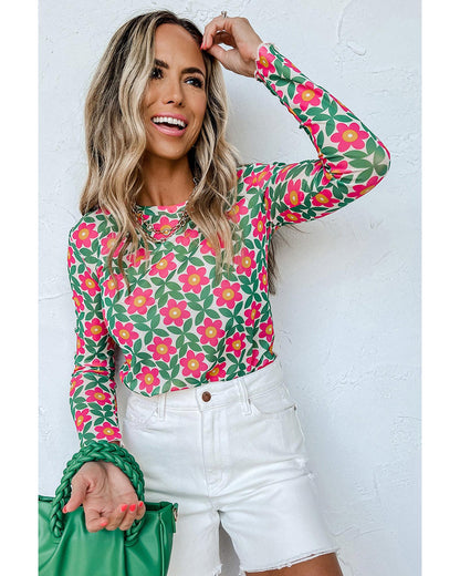 Azura Exchange Retro Floral Print Stretchy Long Sleeve Top - XL