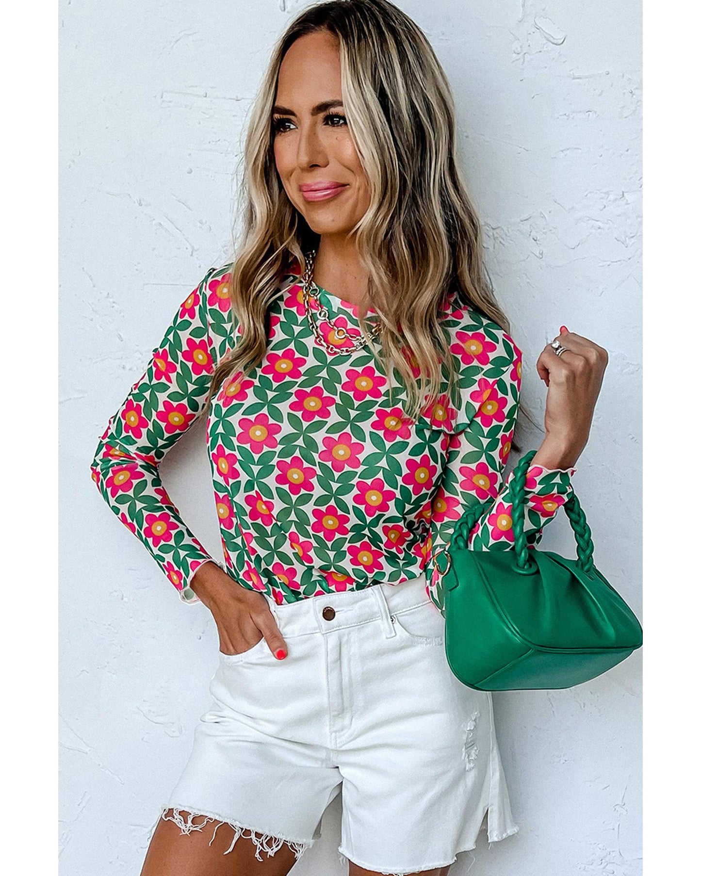 Azura Exchange Retro Floral Print Stretchy Long Sleeve Top - XL