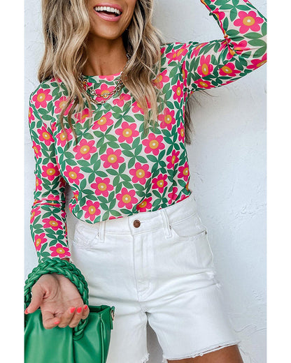 Azura Exchange Retro Floral Print Stretchy Long Sleeve Top - XL