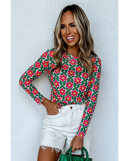 Azura Exchange Retro Floral Print Stretchy Long Sleeve Top - XL