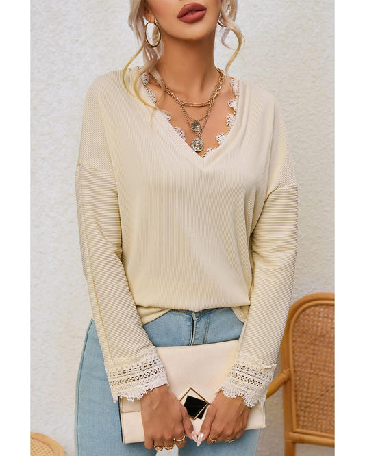 Azura Exchange Lace Trim V Neck Long Sleeve Top - S