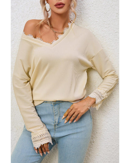 Azura Exchange Lace Trim V Neck Long Sleeve Top - S