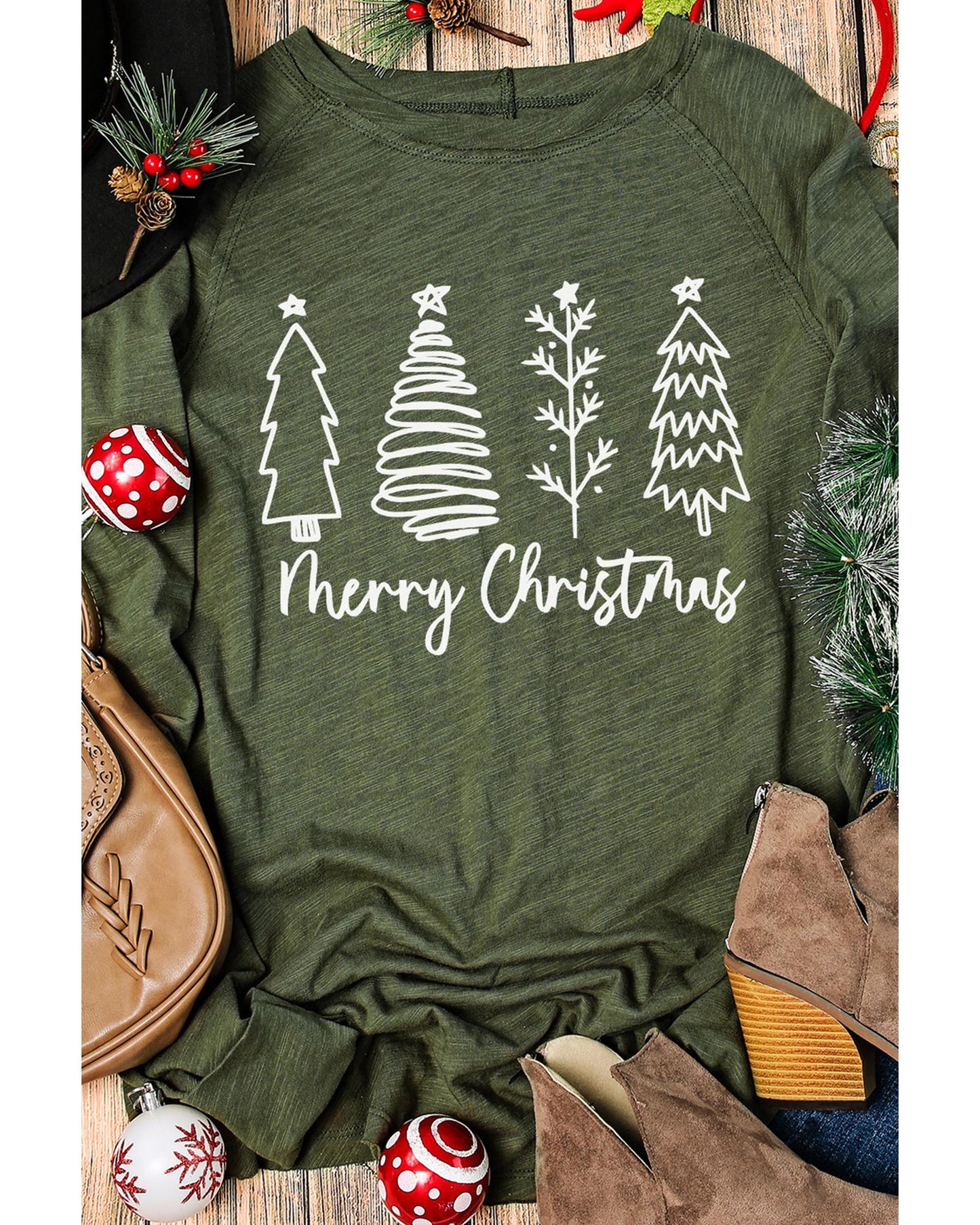 Green Merry Christmas Trees Thumbhole Sleeve Graphic Tee - L