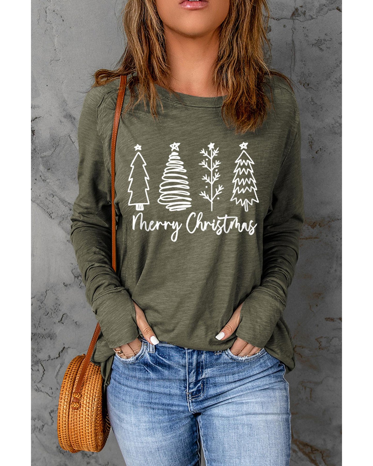 Green Merry Christmas Trees Thumbhole Sleeve Graphic Tee - L
