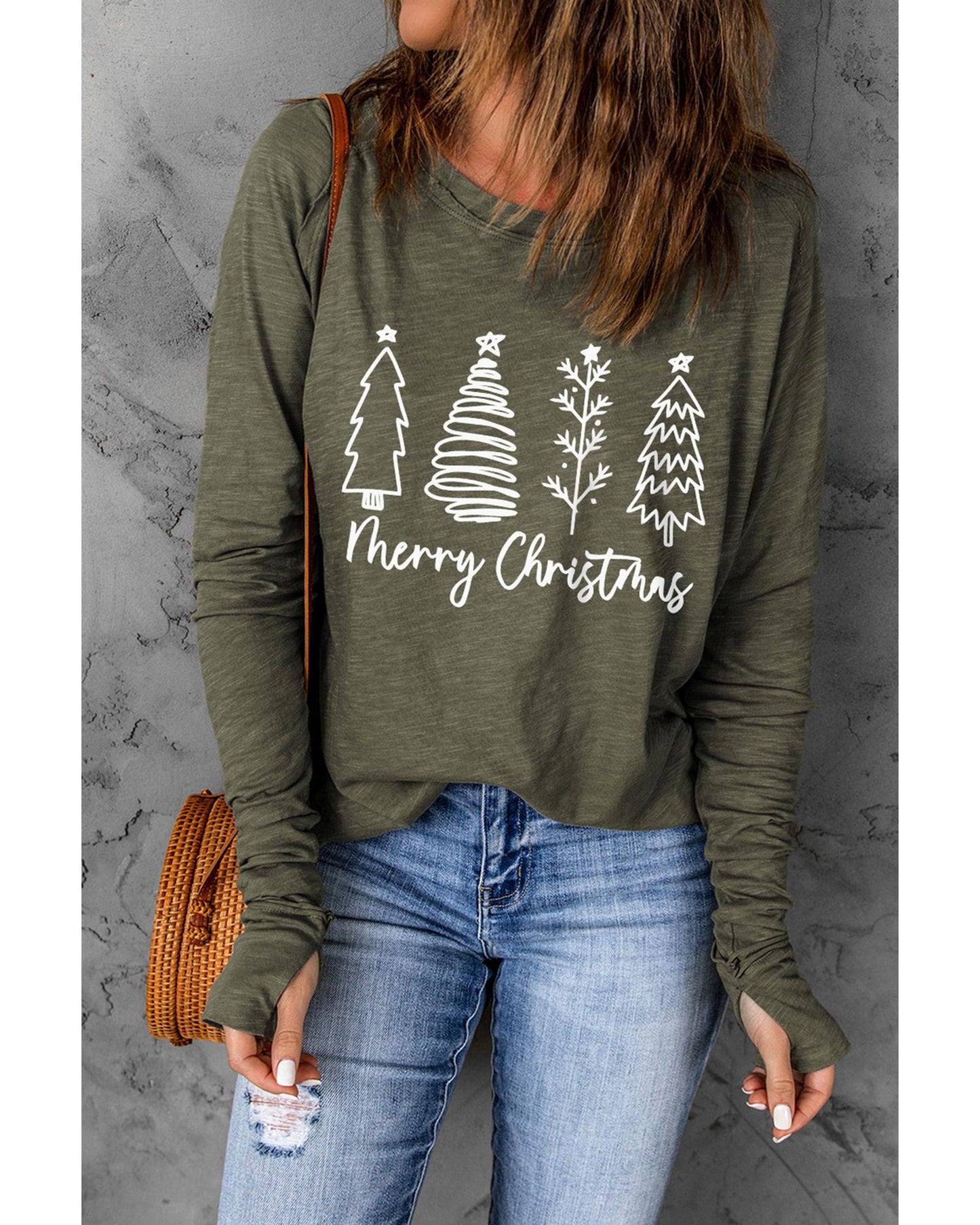 Green Merry Christmas Trees Thumbhole Sleeve Graphic Tee - L