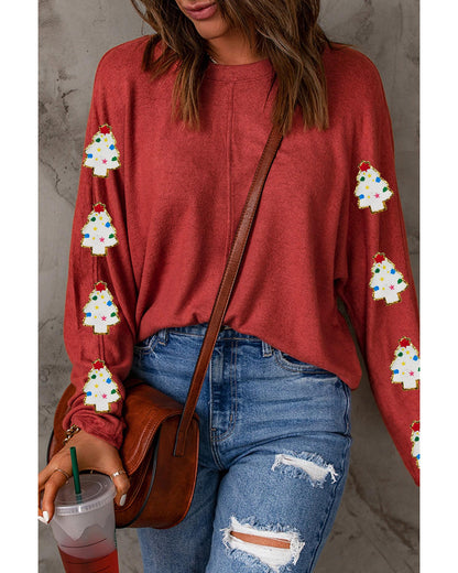 Red Christmas Tree Patch Long Sleeve Casual Top - L
