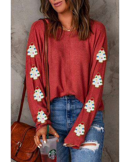 Red Christmas Tree Patch Long Sleeve Casual Top - S