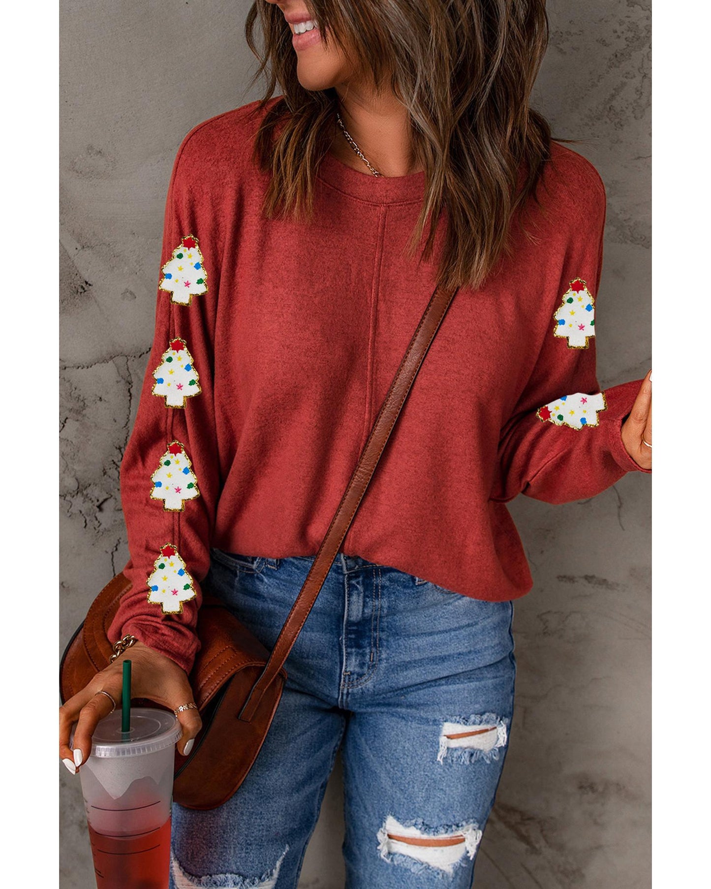 Red Christmas Tree Patch Long Sleeve Casual Top - S