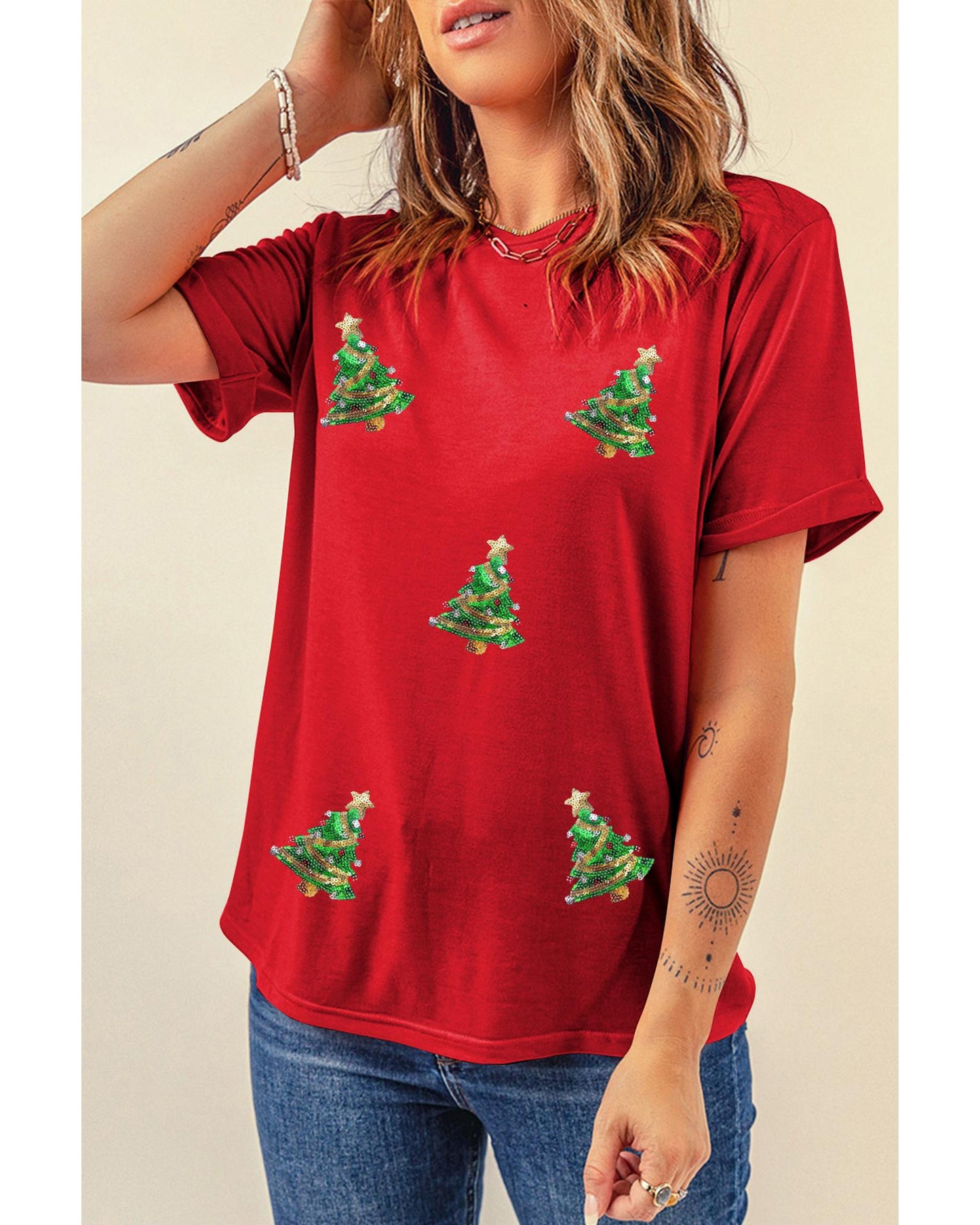 Red Sequined Christmas Tree Graphic Crewneck T Shirt - S
