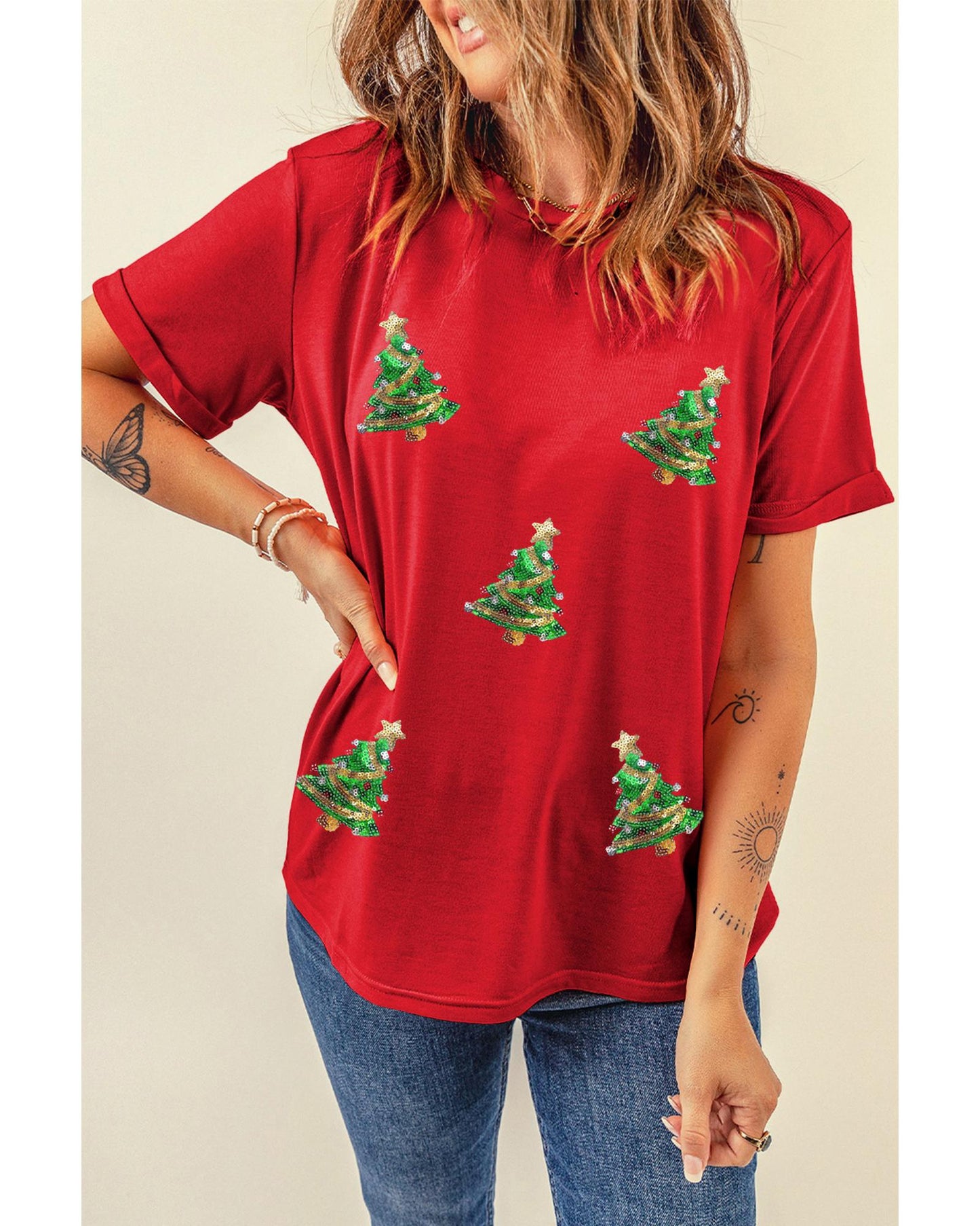 Red Sequined Christmas Tree Graphic Crewneck T Shirt - XL