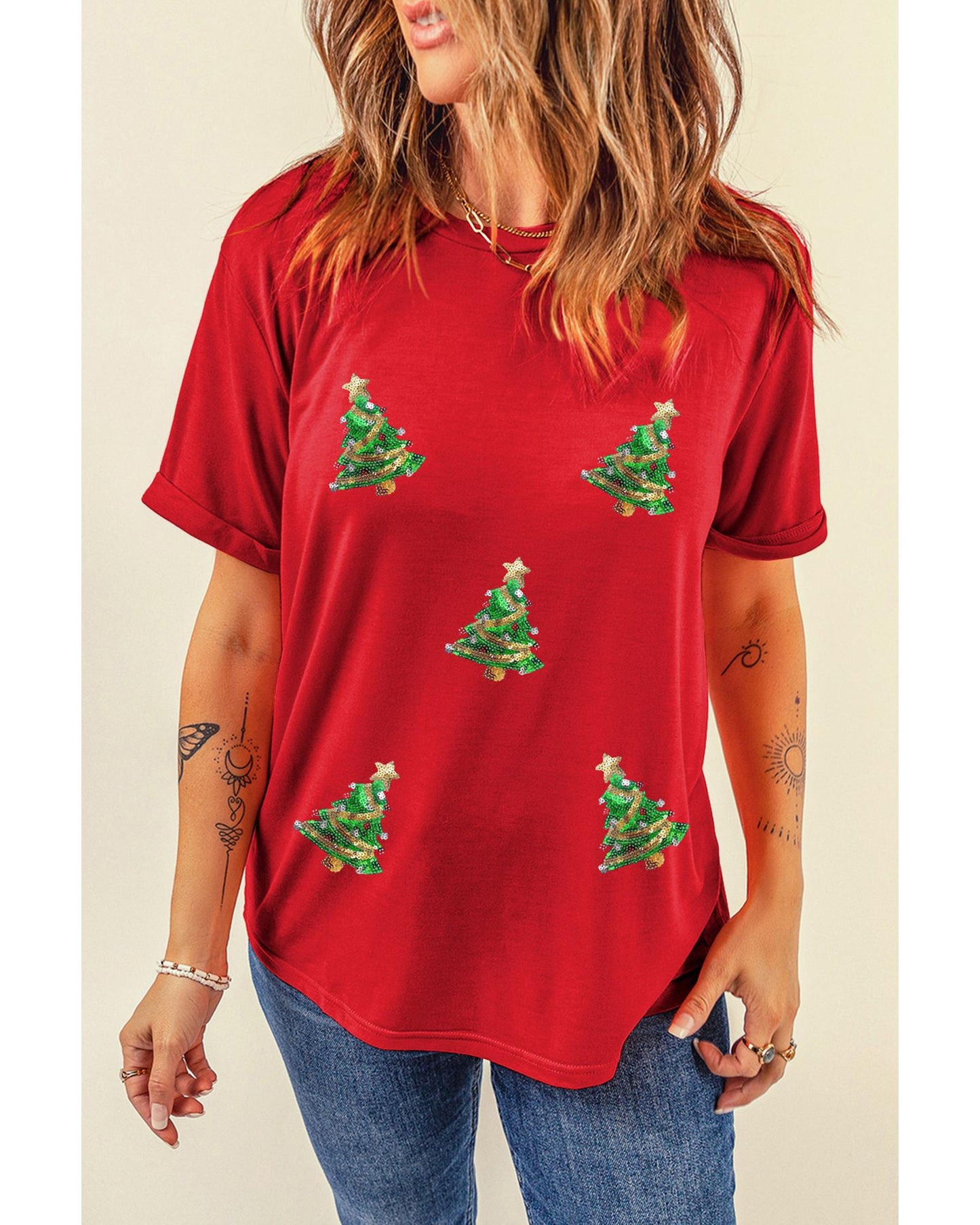 Red Sequined Christmas Tree Graphic Crewneck T Shirt - XL