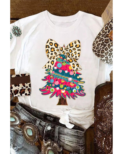 White Leopard Bow Decor Christmas Tree Graphic Crew Neck Tee - 3XL