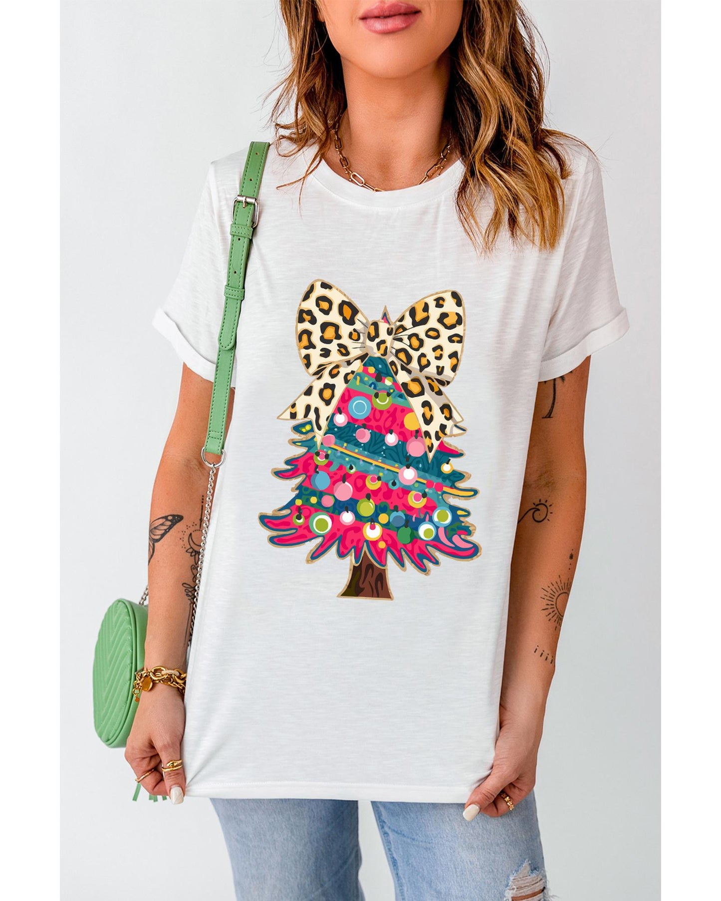 White Leopard Bow Decor Christmas Tree Graphic Crew Neck Tee - 3XL