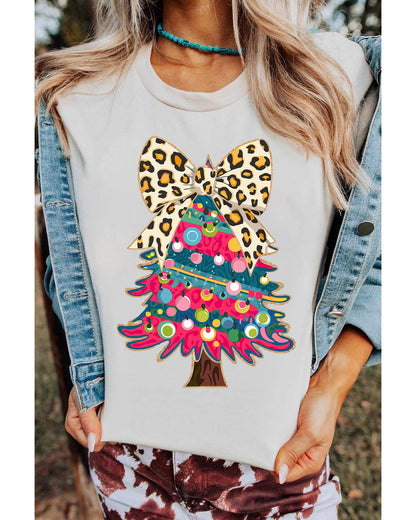 White Leopard Bow Decor Christmas Tree Graphic Crew Neck Tee - M