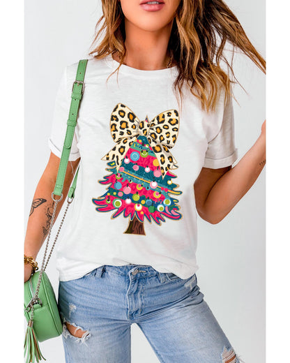 White Leopard Bow Decor Christmas Tree Graphic Crew Neck Tee - M