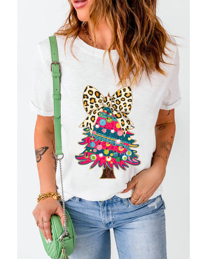 White Leopard Bow Decor Christmas Tree Graphic Crew Neck Tee - M