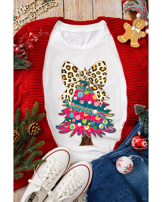 White Leopard Bow Decor Christmas Tree Graphic Crew Neck Tee - XL