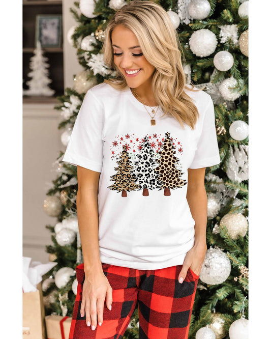 White Leopard Christmas Tree Graphic Crewneck Tee - 3XL
