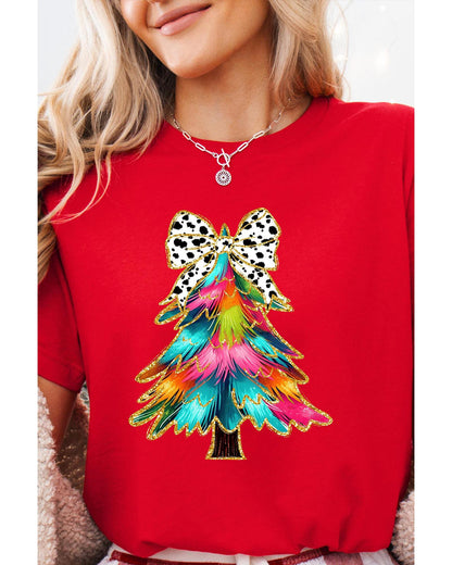 Red Bow Decor Christmas Tree Graphic Holiday T Shirt - M