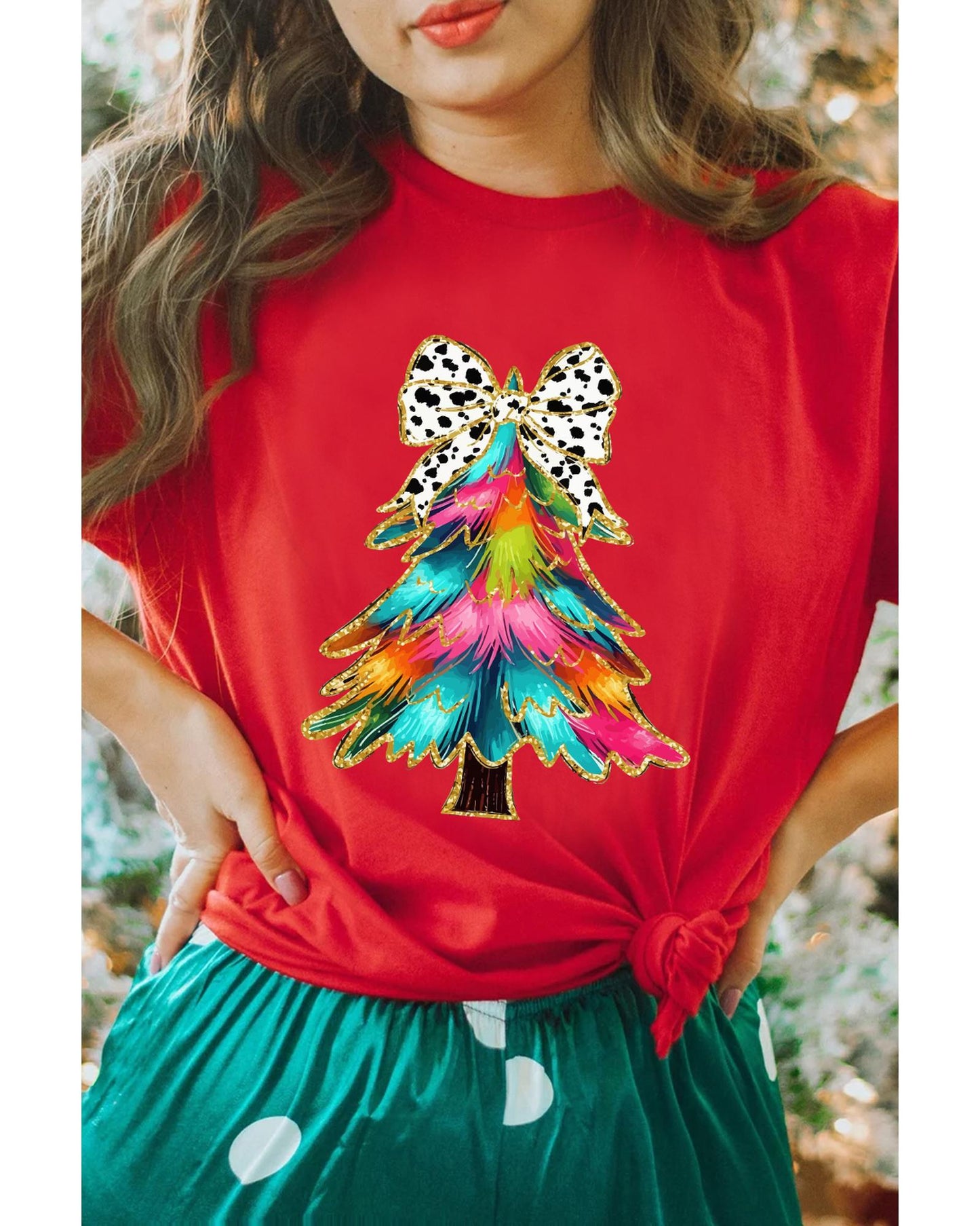 Red Bow Decor Christmas Tree Graphic Holiday T Shirt - M