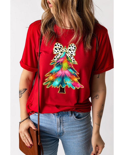 Red Bow Decor Christmas Tree Graphic Holiday T Shirt - XL