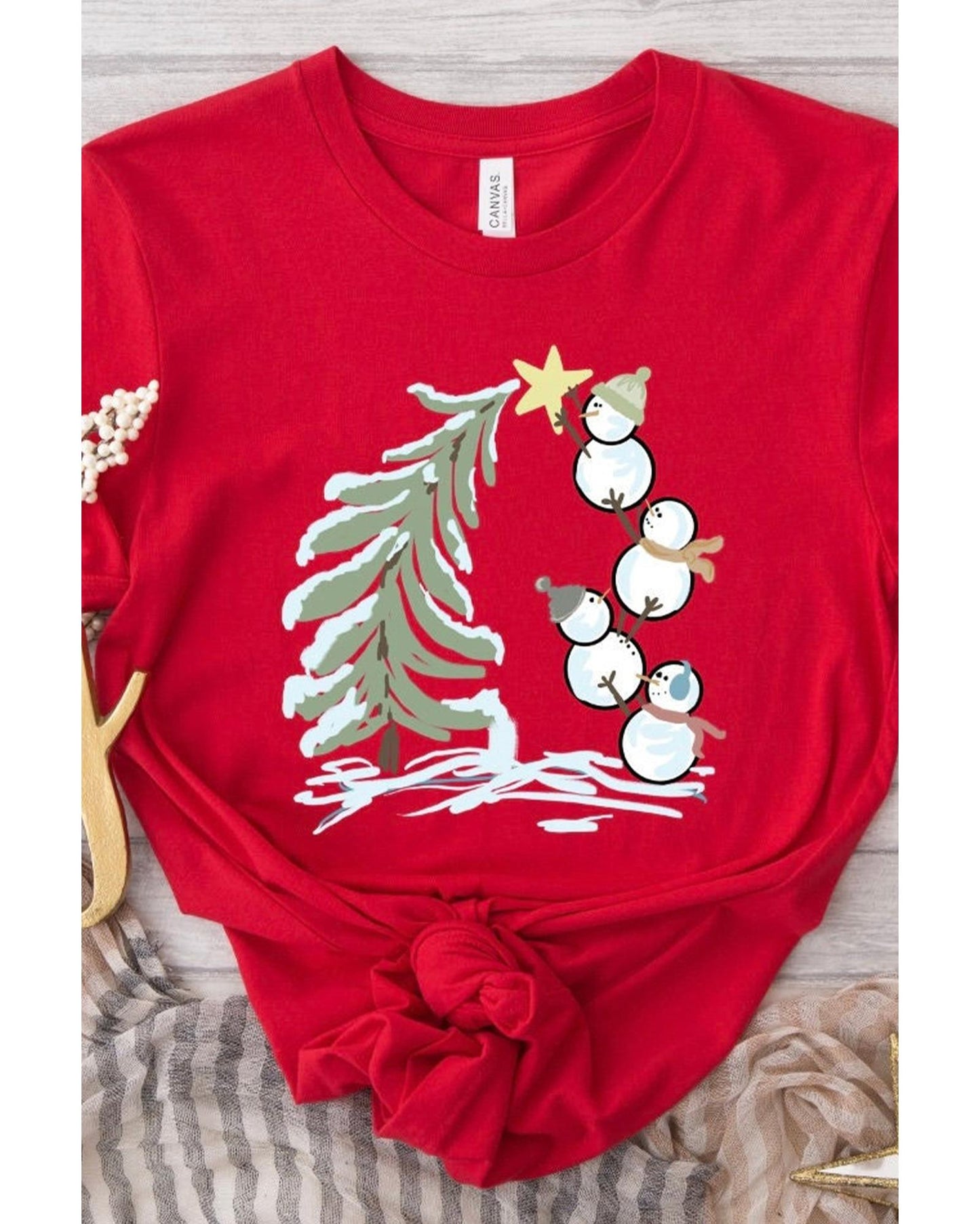 Red Christmas Tree Snowman Printed Crewneck T Shirt - S